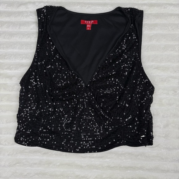 NWOT GUESS Black Sequin Sleeveless V-Neck Crop Top – Size XL Glam Shiny Sparkly - Picture 2 of 11